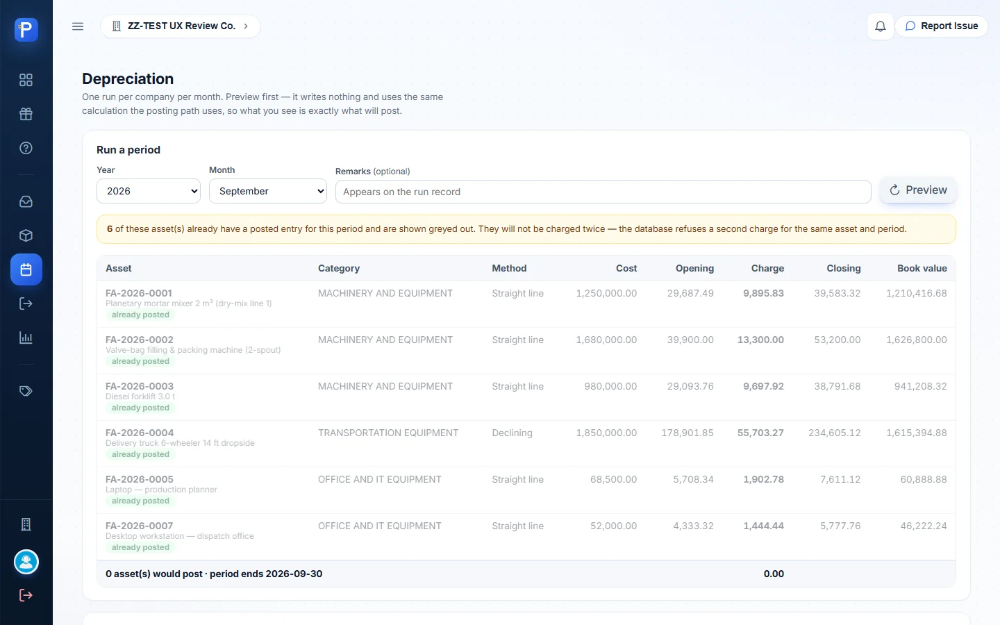 Depreciation page with the September preview and run history