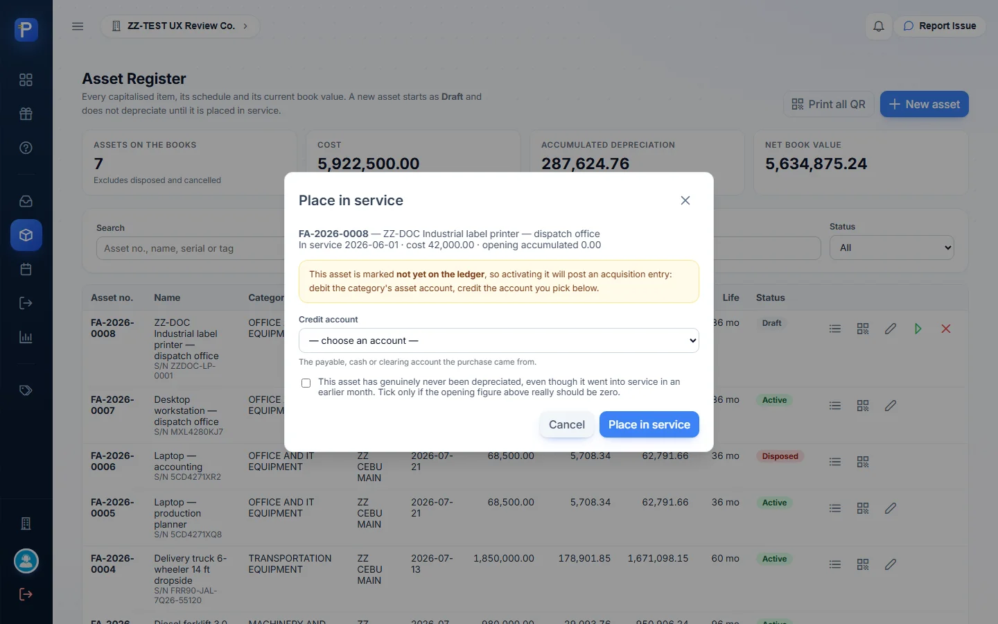 Place in service asks for the credit account
