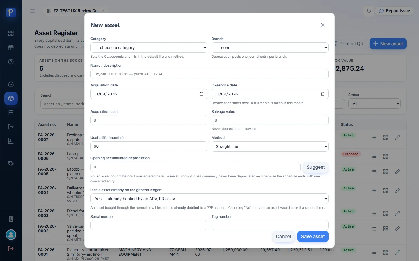 Blank New asset form