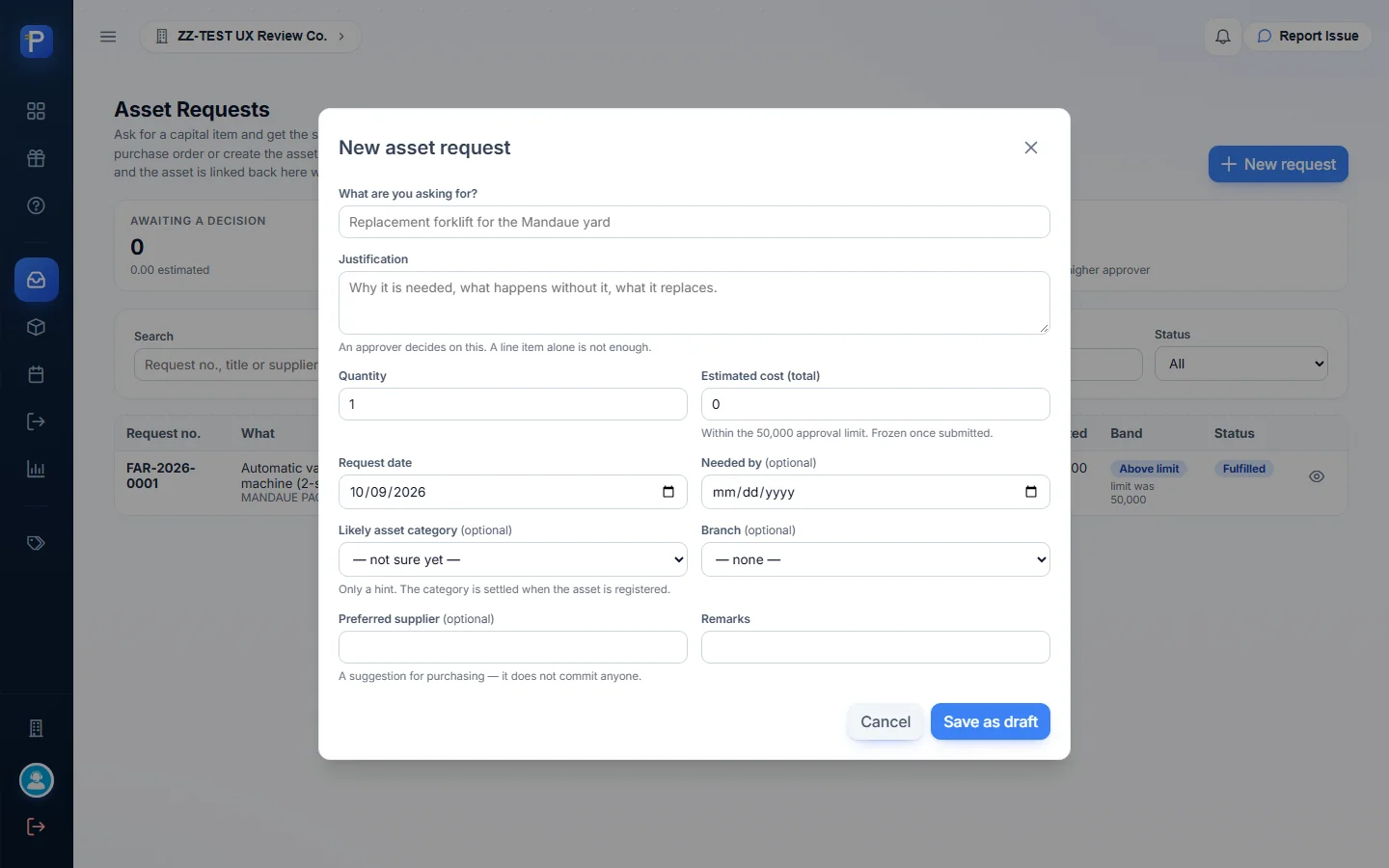 Blank New asset request form
