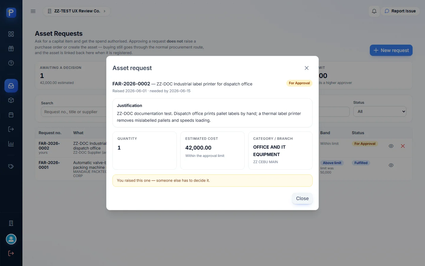 Detail dialog: the requester can't decide their own request