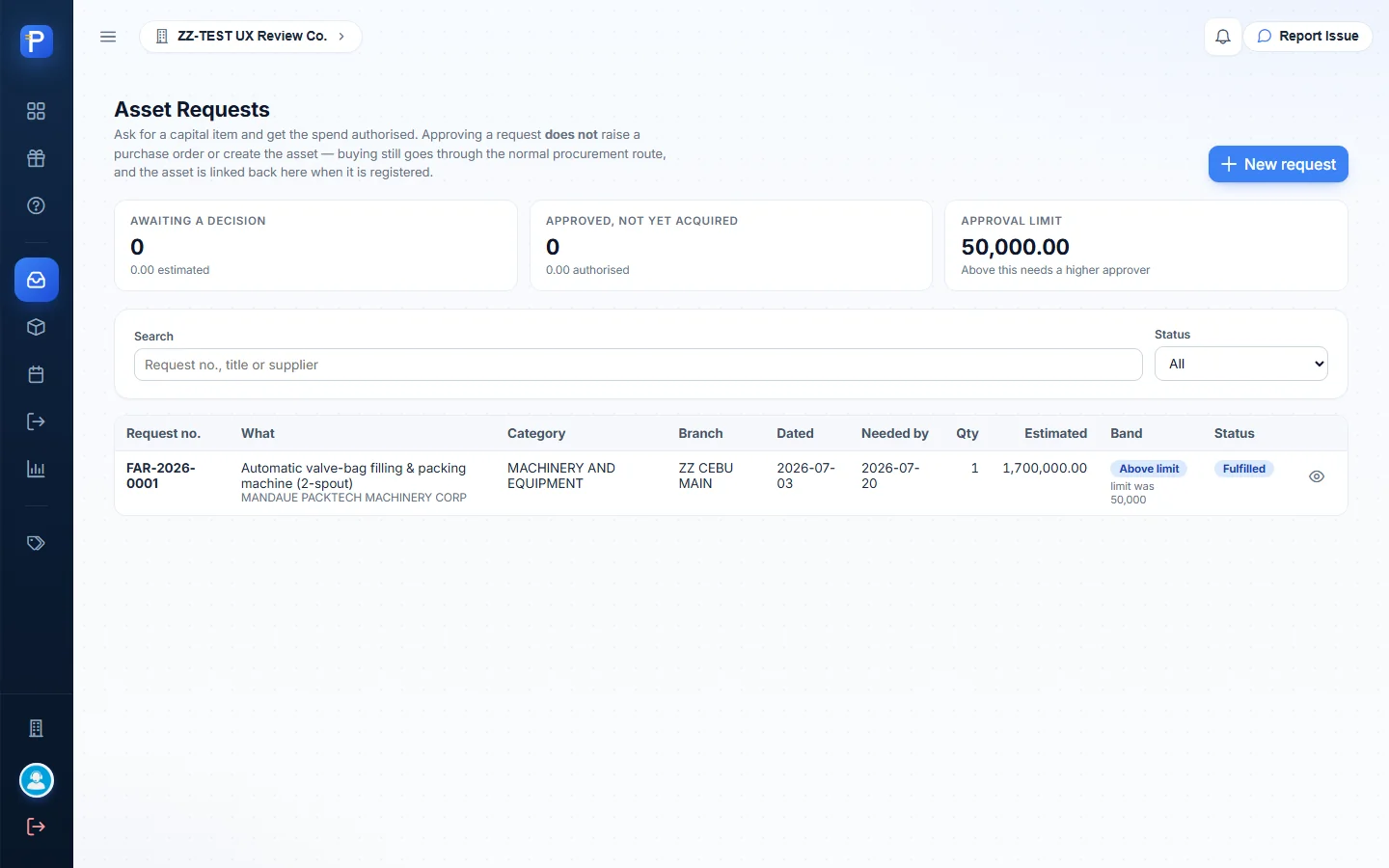 Asset Requests list with the existing fulfilled request