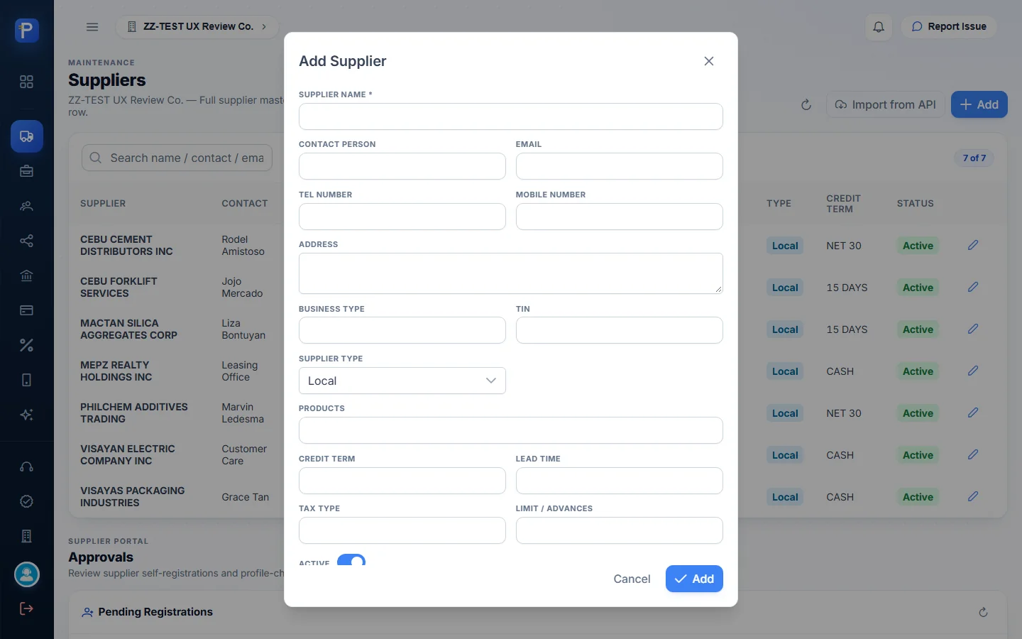 Blank Add Supplier dialog