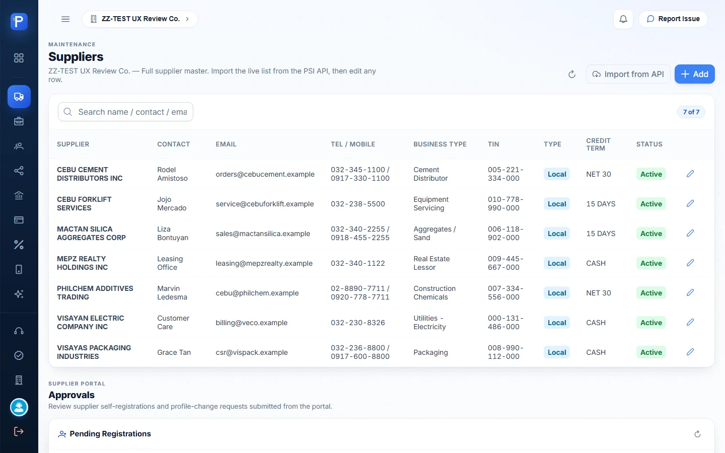 Supplier master with the portal approvals below