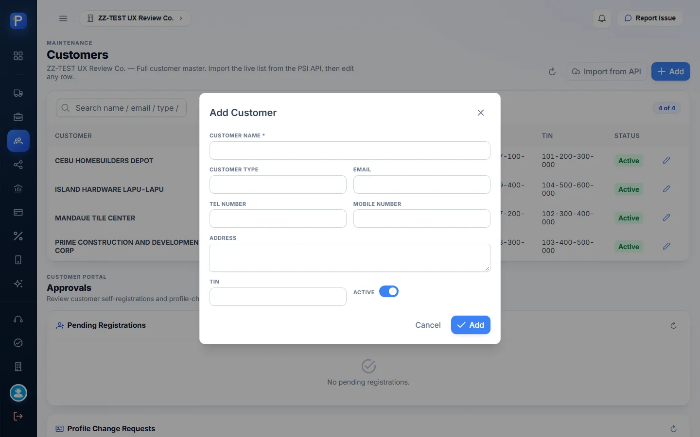 Blank Add Customer dialog