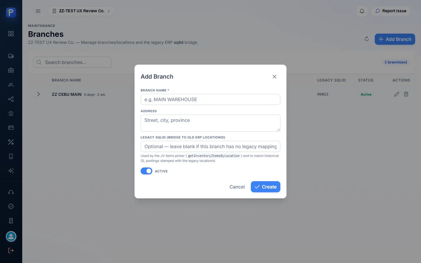 Blank Add Branch dialog