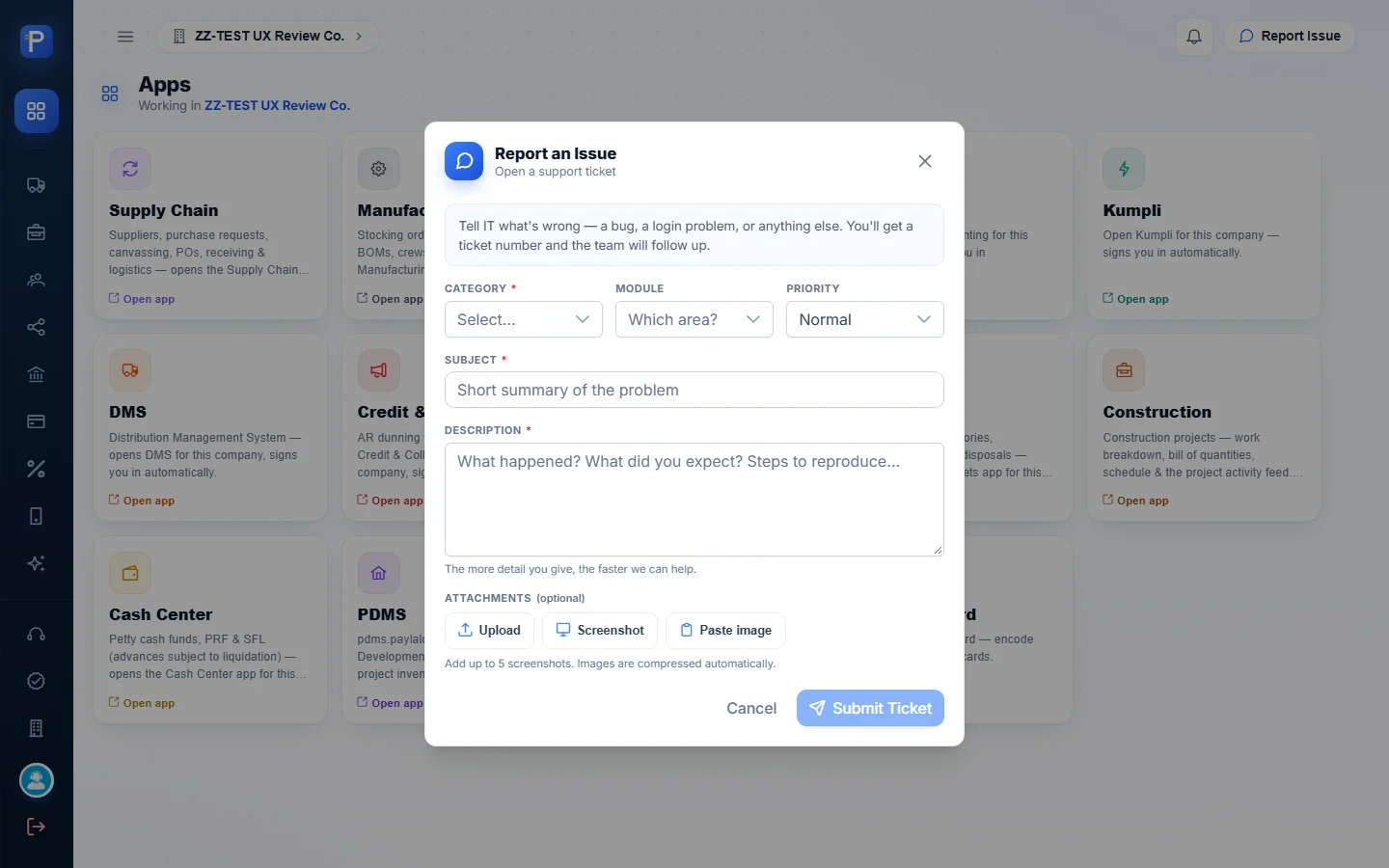 The Report Issue form every app shares