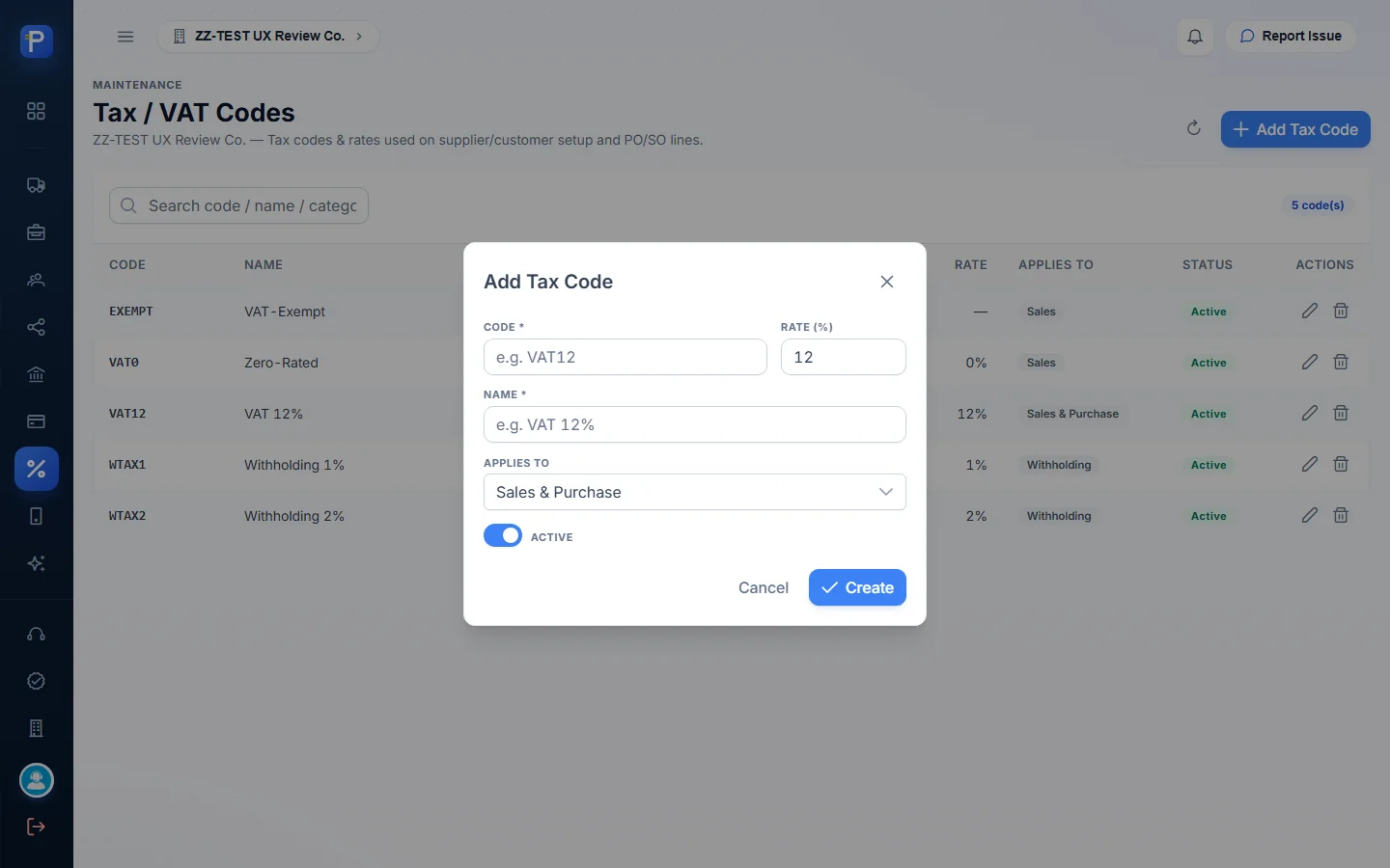 Blank Add Tax Code dialog