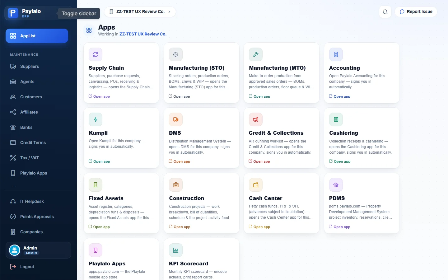 The expanded sidebar with every maintenance screen, the Helpdesk and Points Approvals