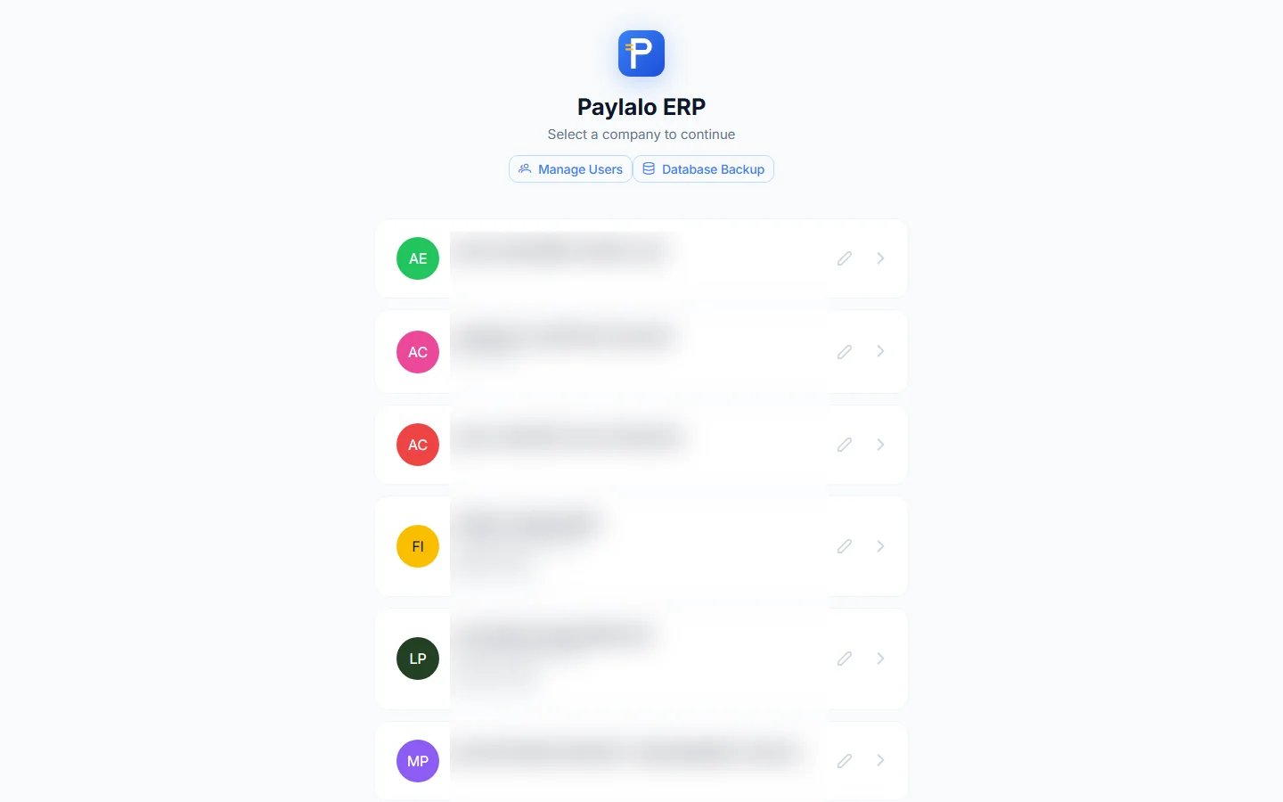 The company picker from the header chip, one tile per company the login belongs to