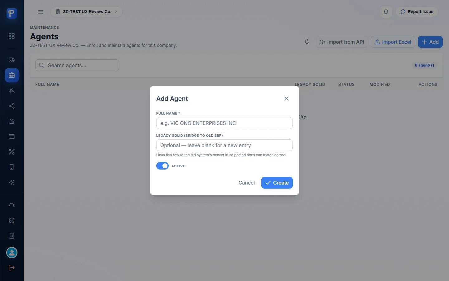 Blank Add Agent dialog