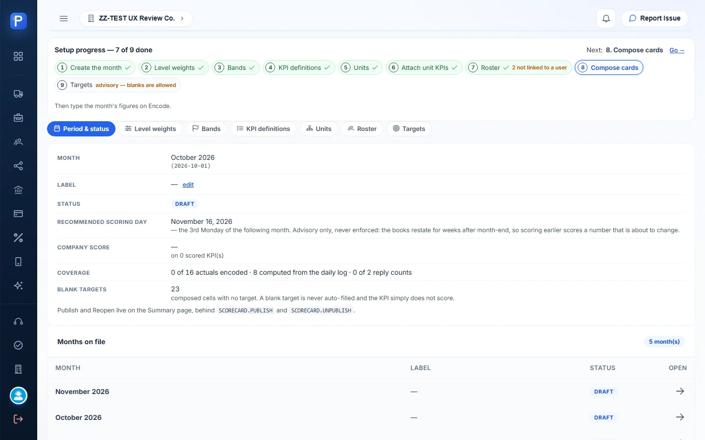 Setup checklist and the months on file