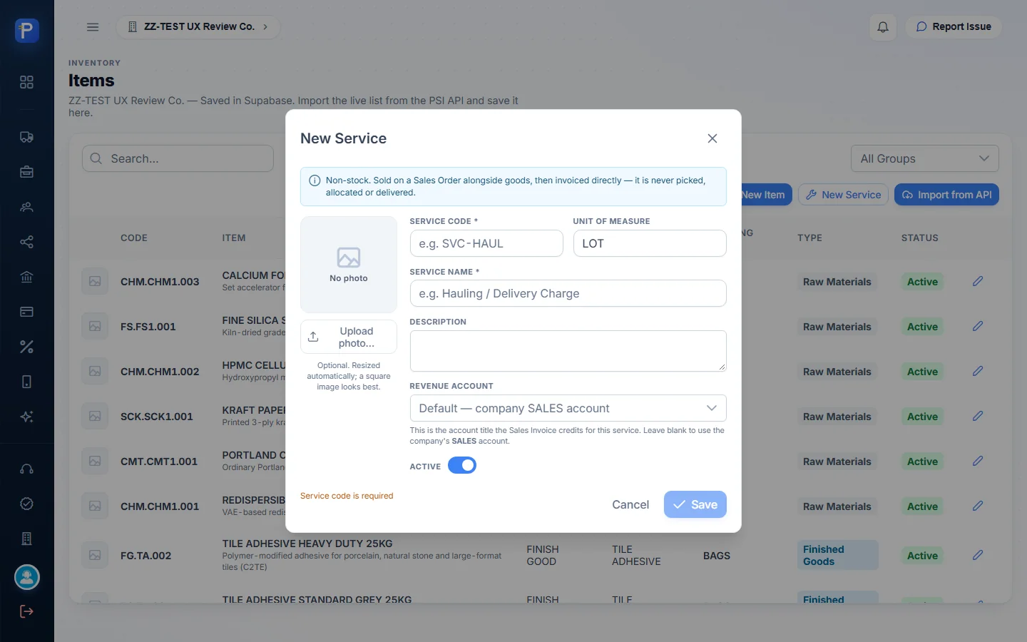 Blank New Service dialog