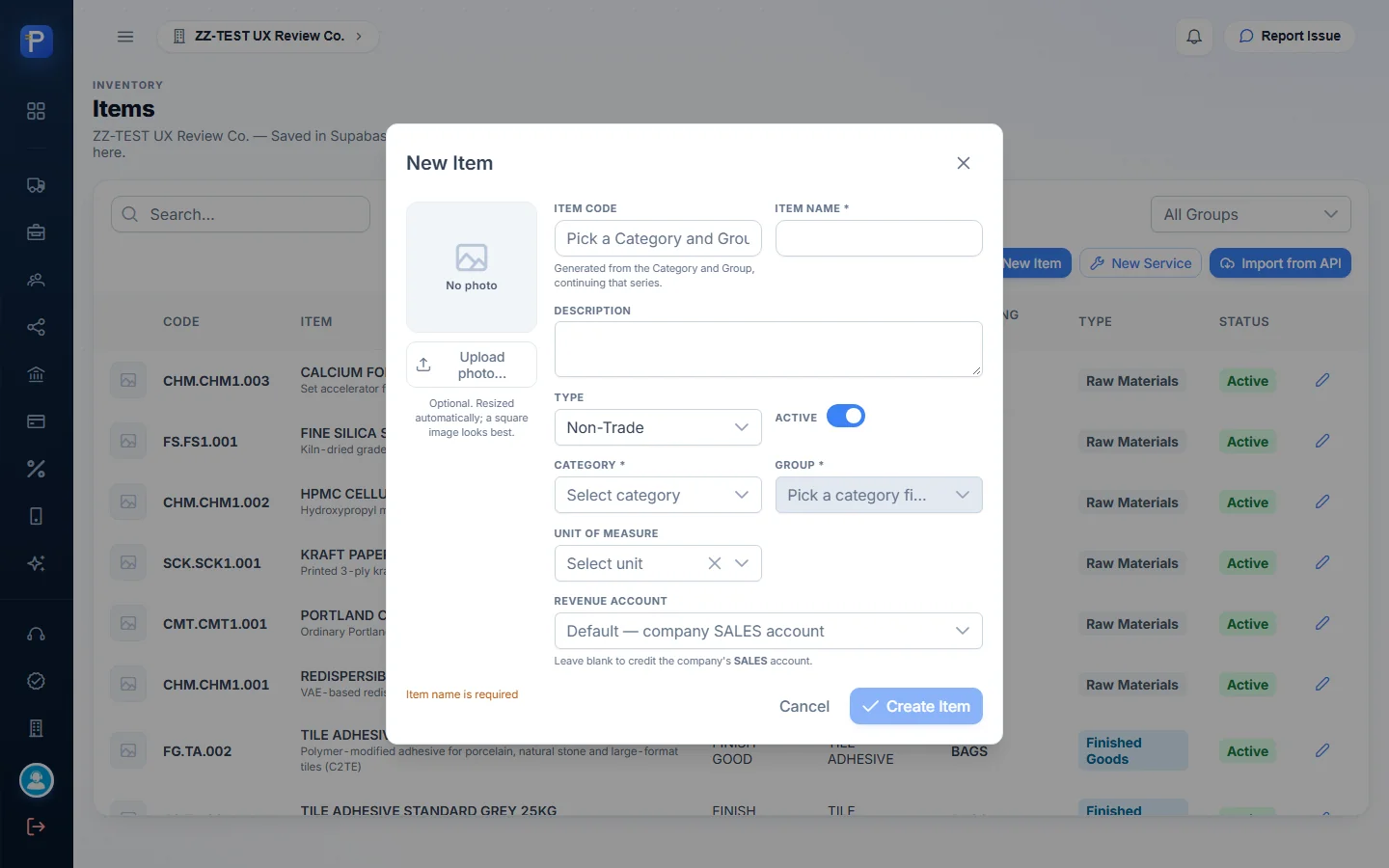Blank New Item dialog, where the code comes from category and group