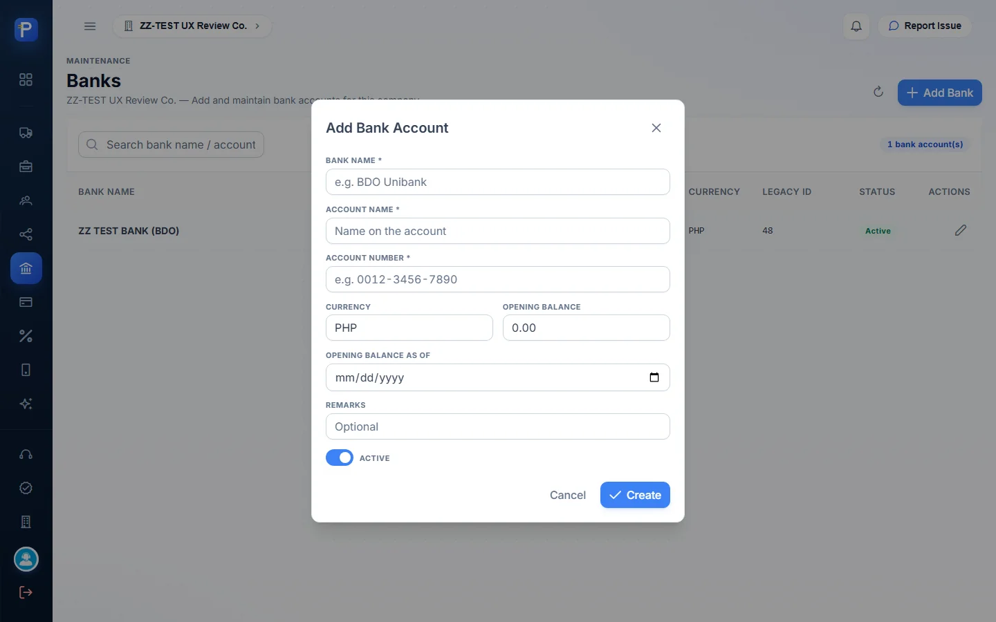 Blank Add Bank Account dialog
