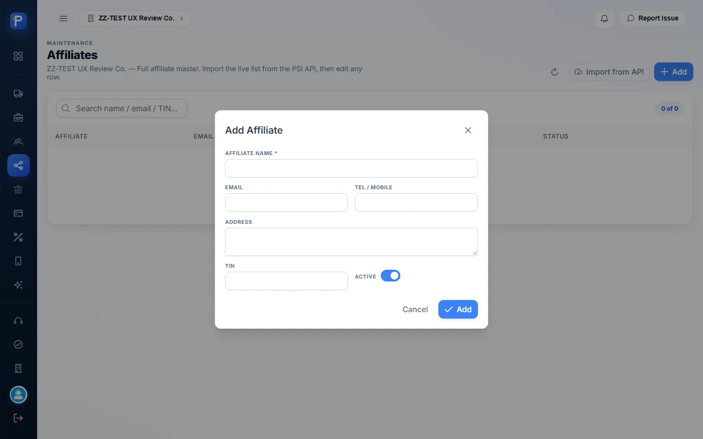 Blank Add Affiliate dialog