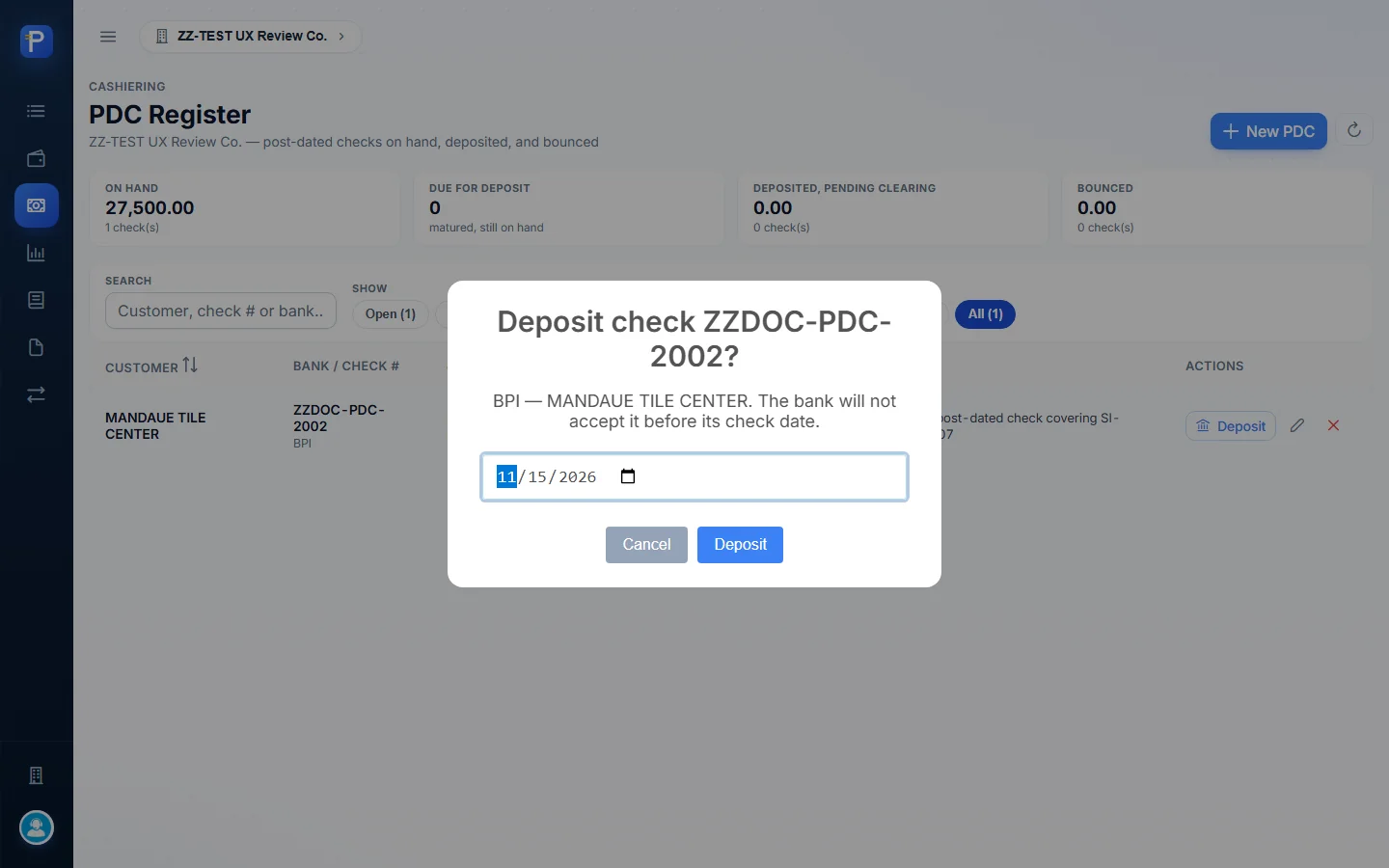 Deposit dialog