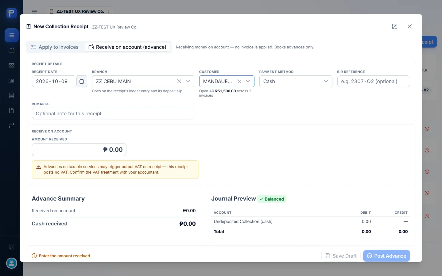 Advance mode after picking the customer. The journal preview stays empty until there's an amount