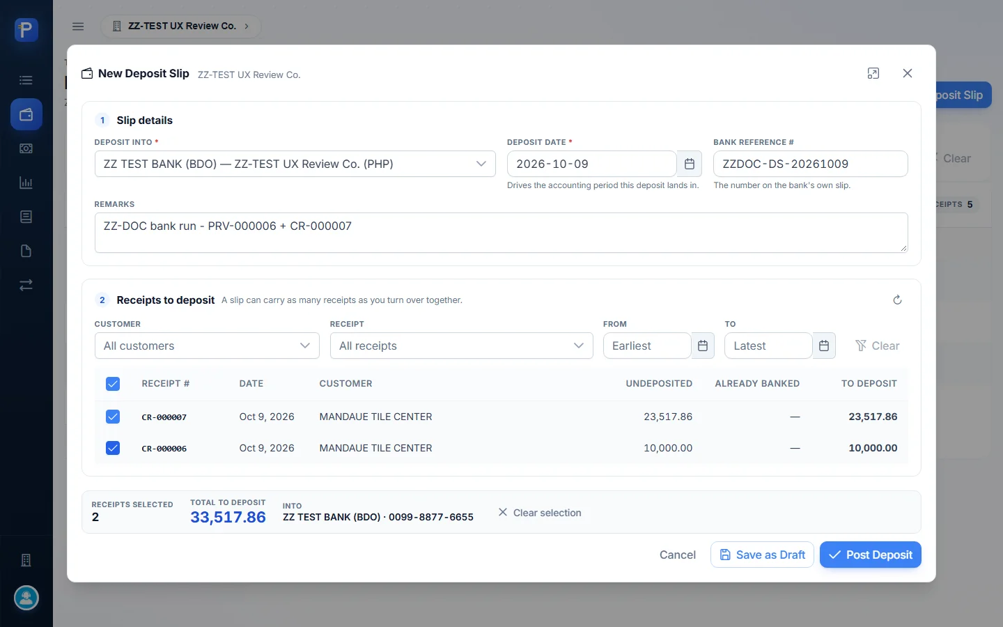 Two ZZ-DOC receipts ticked, 33,517.86 to deposit