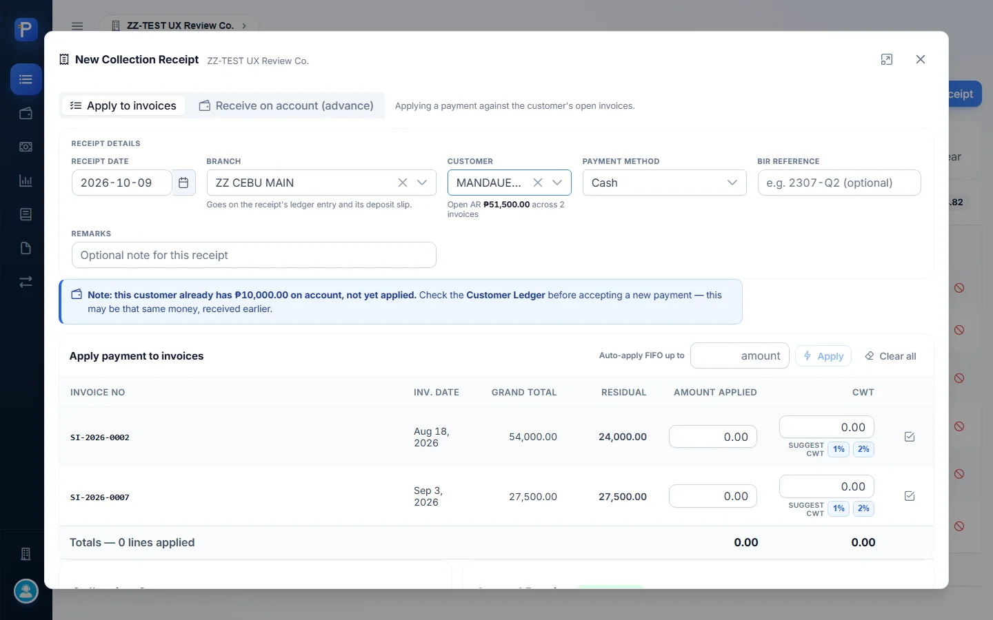 Invoice mode: open invoices loaded and the on-account warning showing