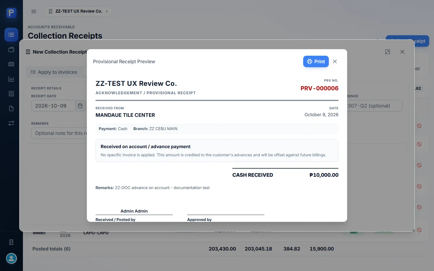 Posted: Provisional Receipt PRV-000006