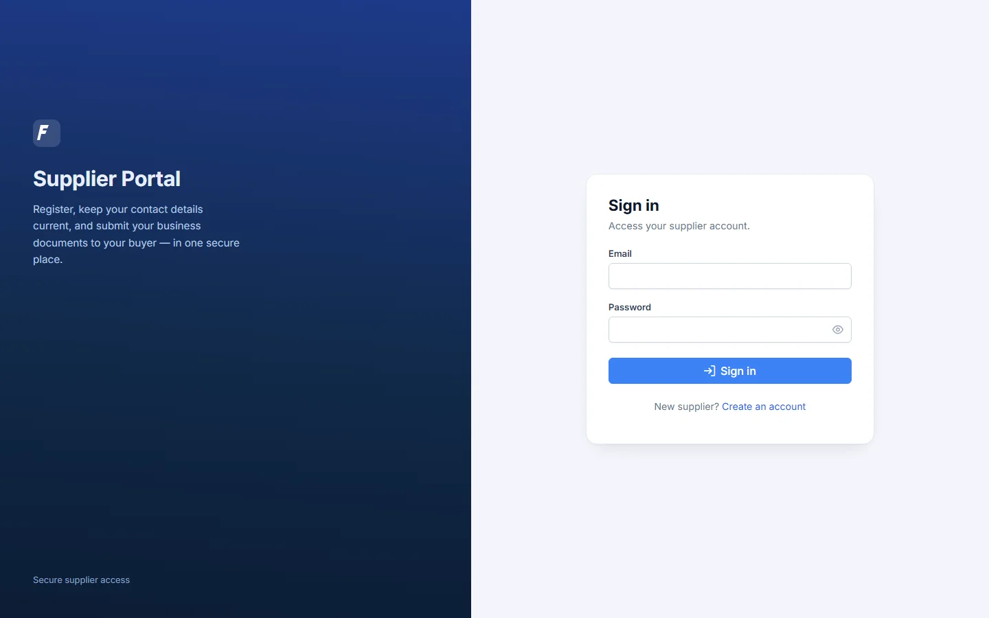 Supplier sign-in screen