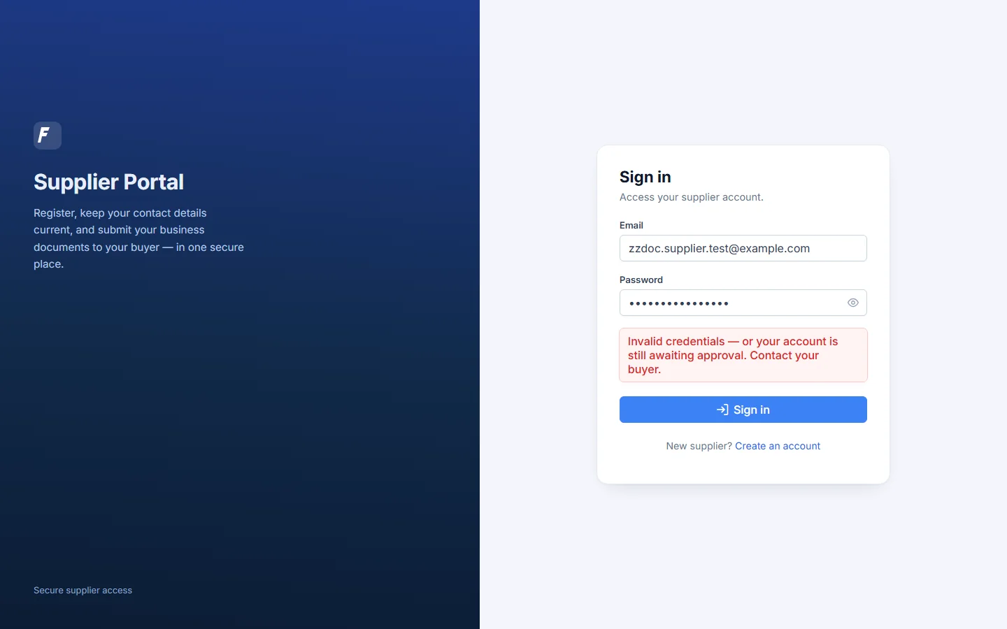 Signing in as the just-registered supplier: still awaiting approval