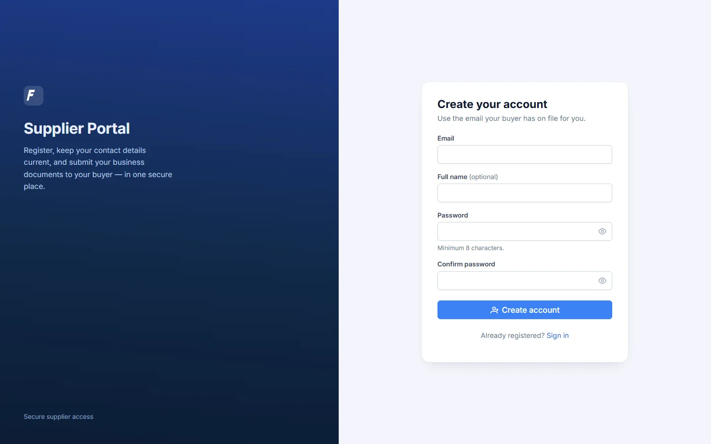 Blank supplier registration form