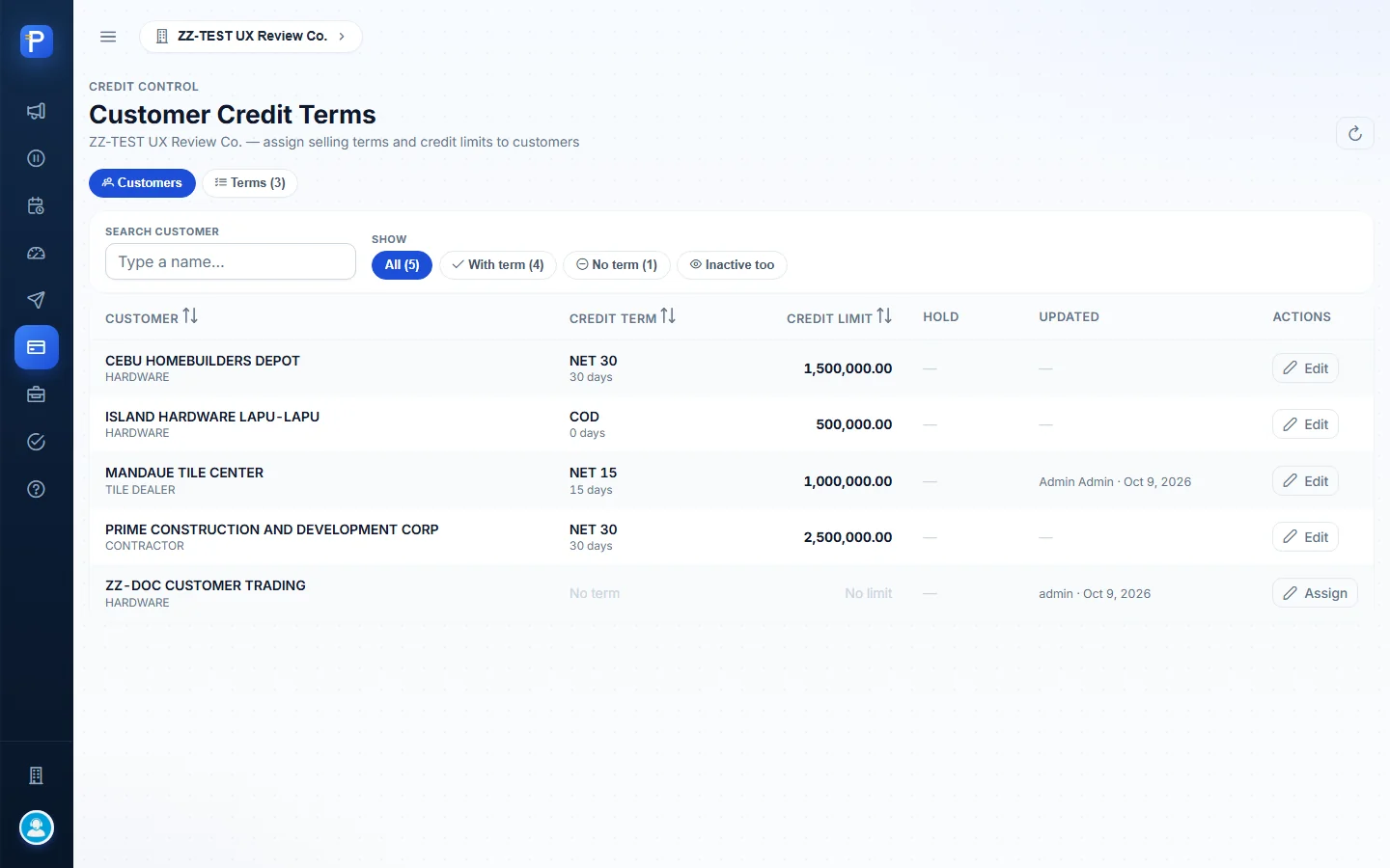 Credit Terms, customers view