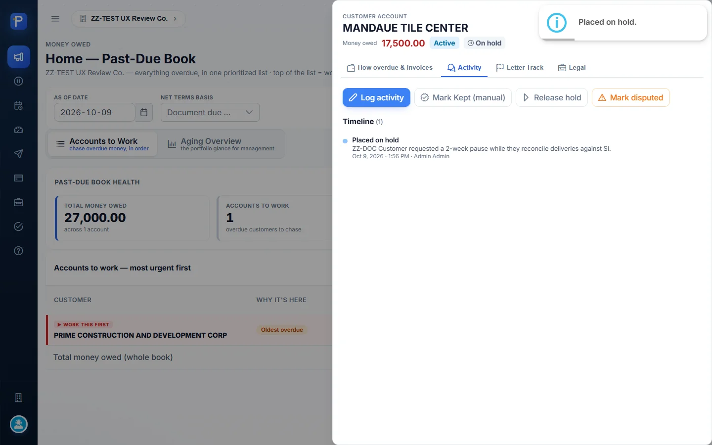 Account drawer: On hold chip and Release hold