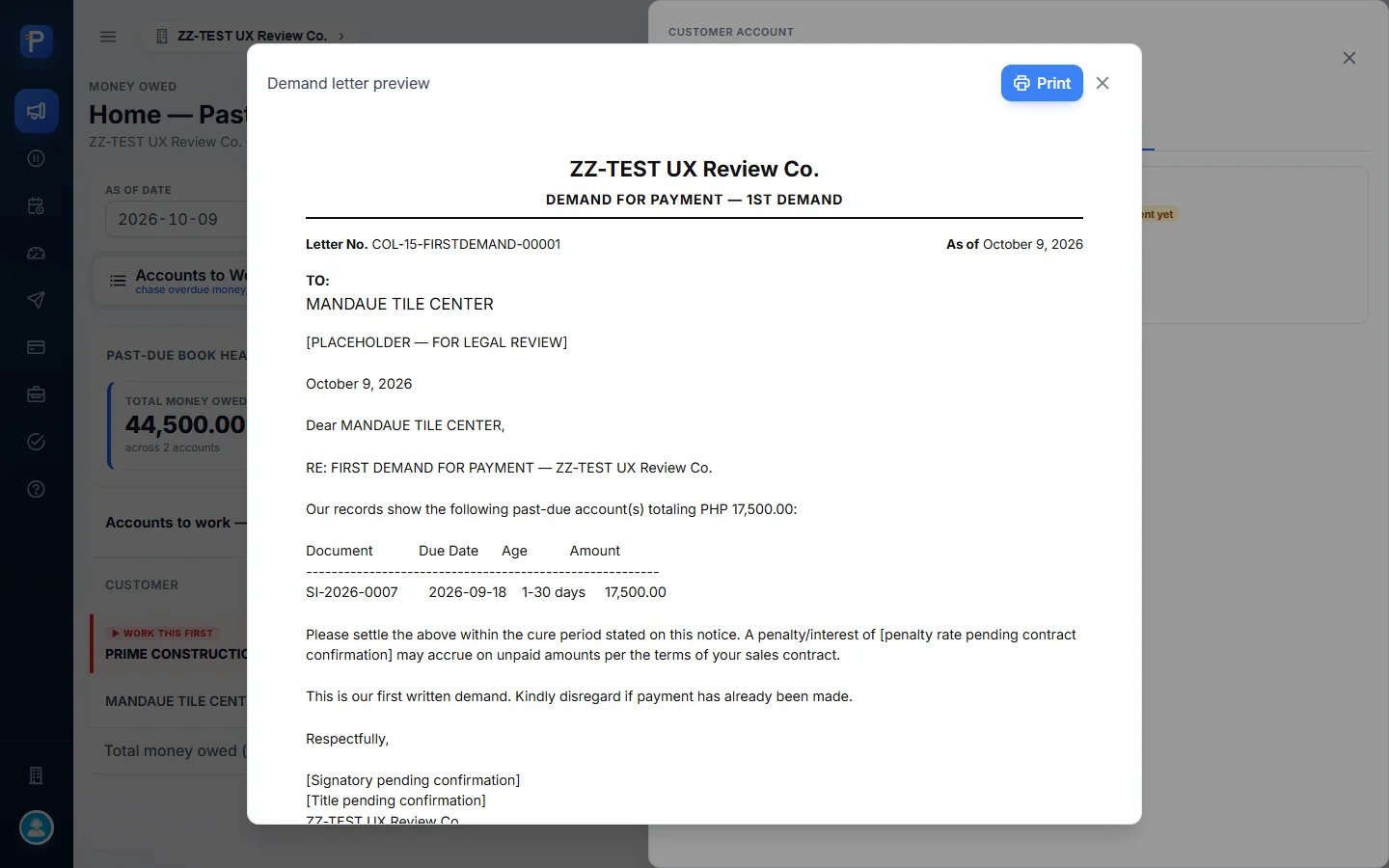 Demand letter preview, 1st demand