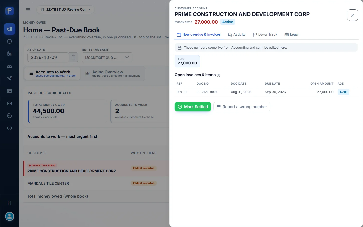 Account drawer: open invoices read live from Accounting