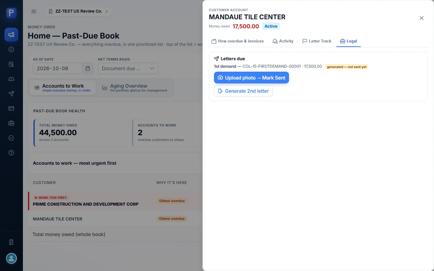 Legal tab: letter generated, not sent yet
