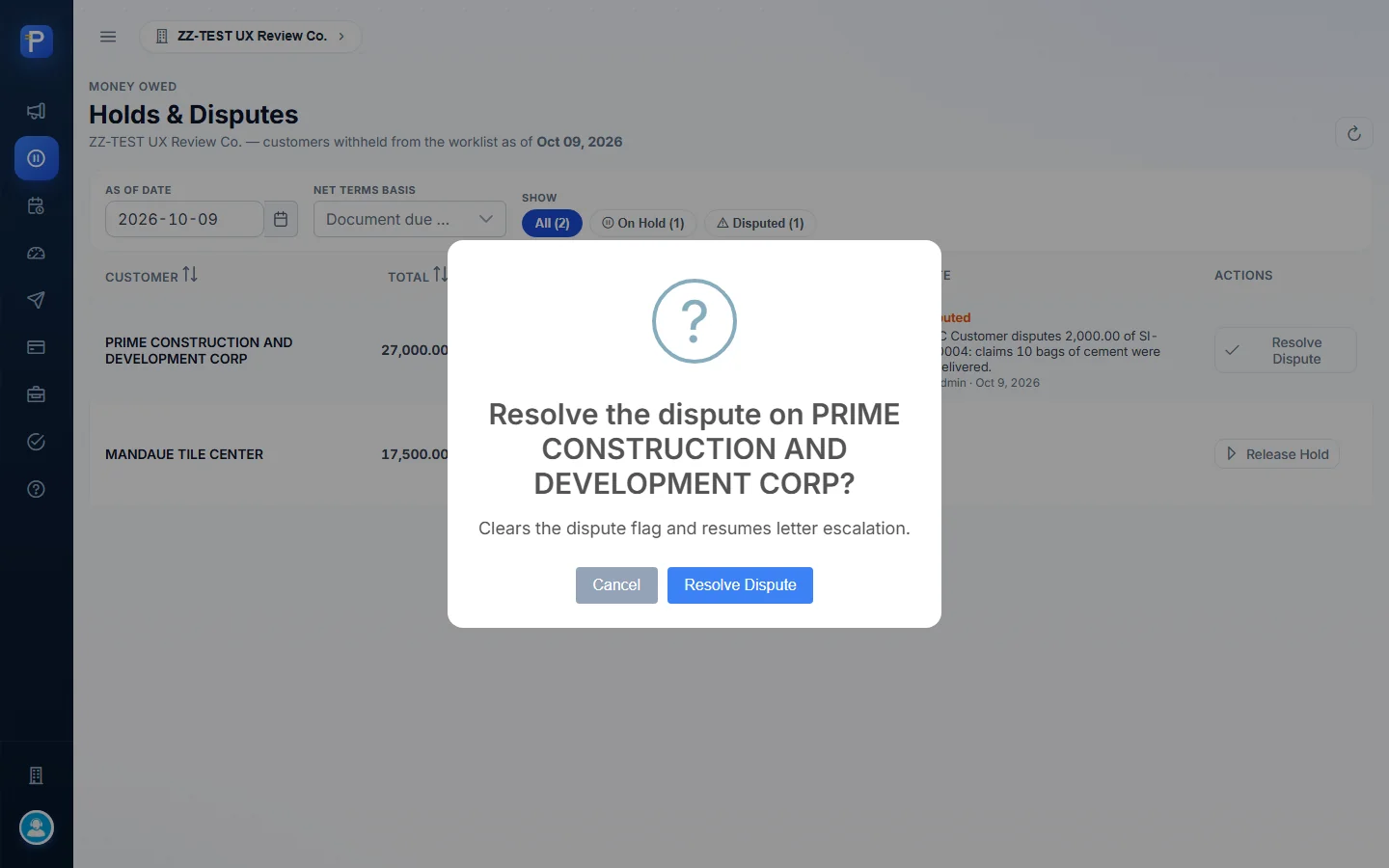 Resolve dispute confirmation