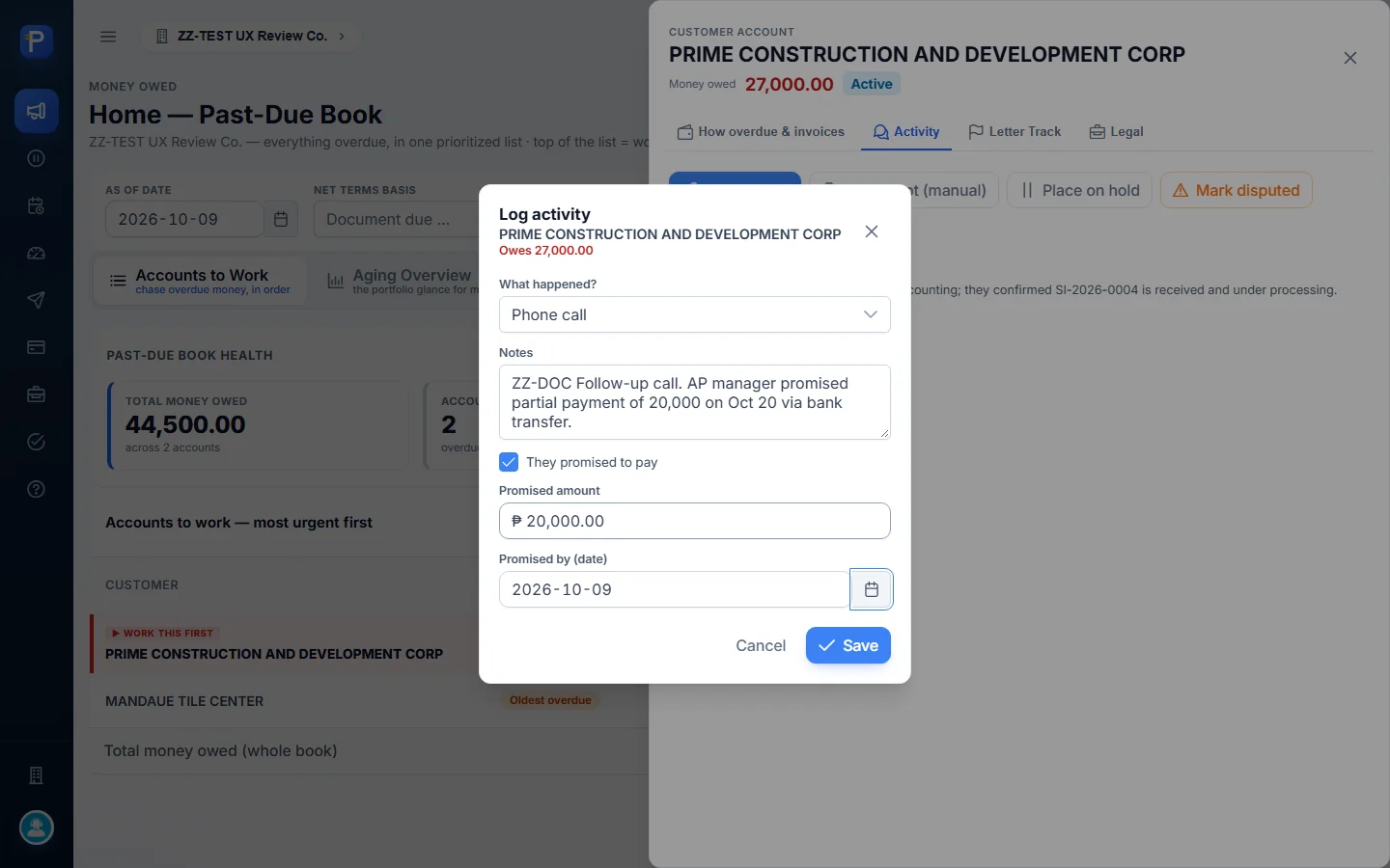 Promise to pay fields filled in