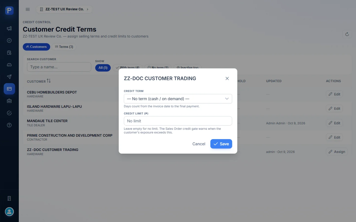 Assigning a term to ZZ-DOC CUSTOMER TRADING